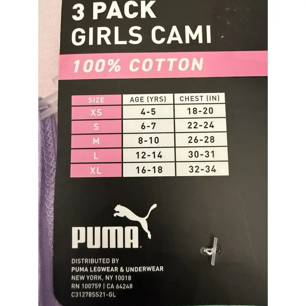 Puma Pink Green Purple 3 Pack Cami Sleeveless Tank Tops Size L 12-14